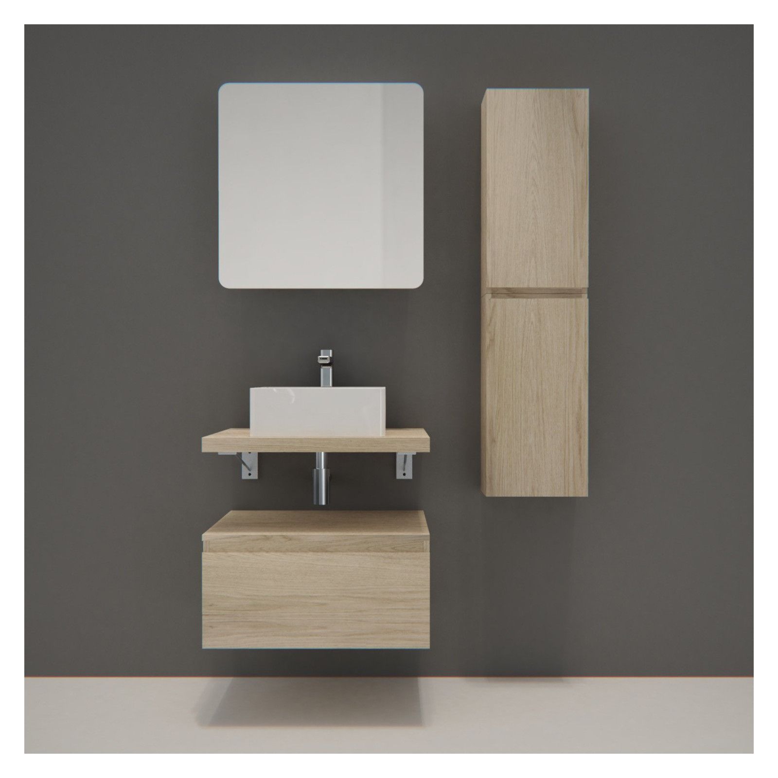 Ensemble de Salle de Bain WILL - Plan suspendu + Equerres + 3 Meubles de rangement + Vasque + Armoir