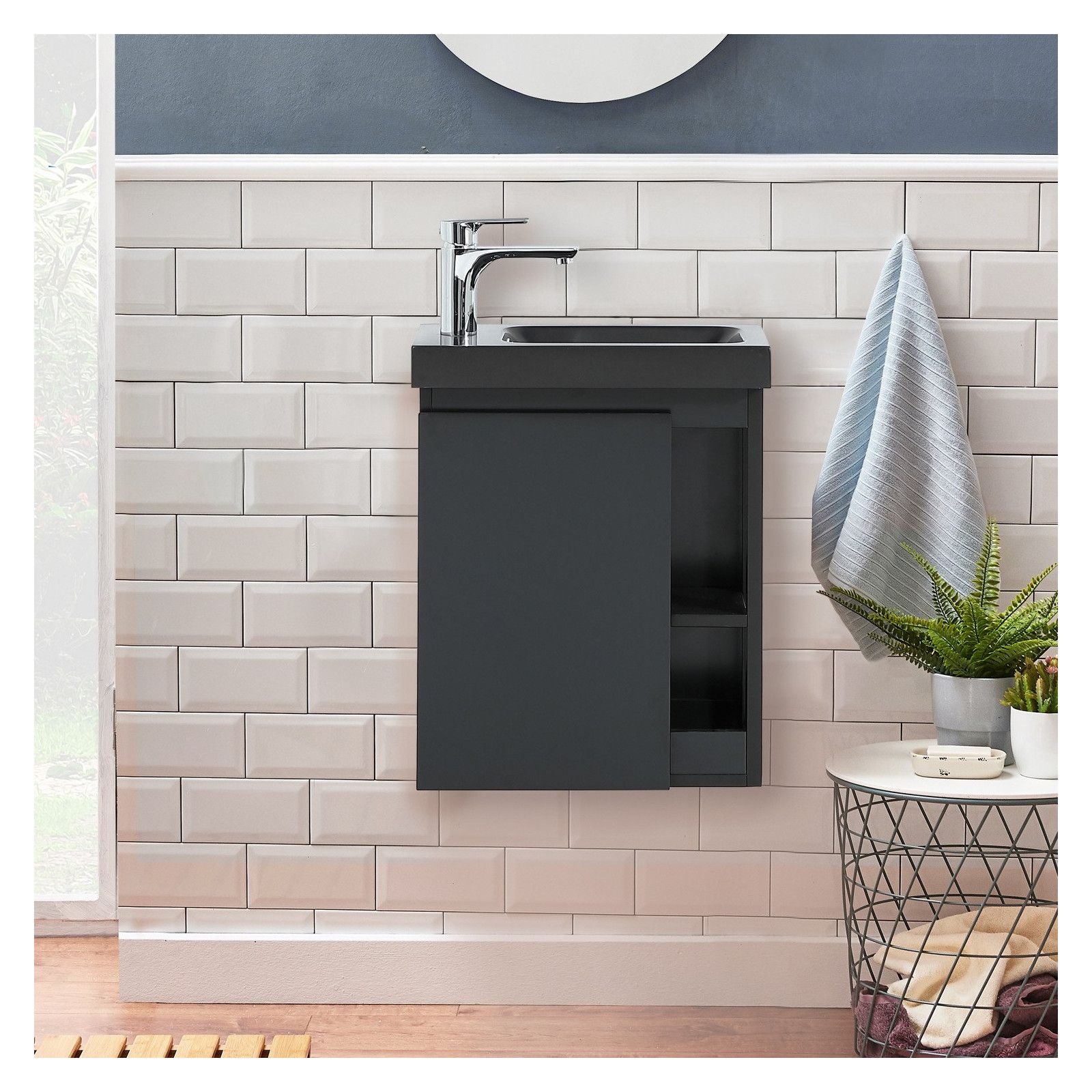 Lave-mains Noir Carbone HAMPTON + Vasque Noire + Miroir L40 cm avec tablette Noire Lave-mains Noir Carbone HAMPTON + Vasque Noire + Miroir L40 cm avec tablette Noire
