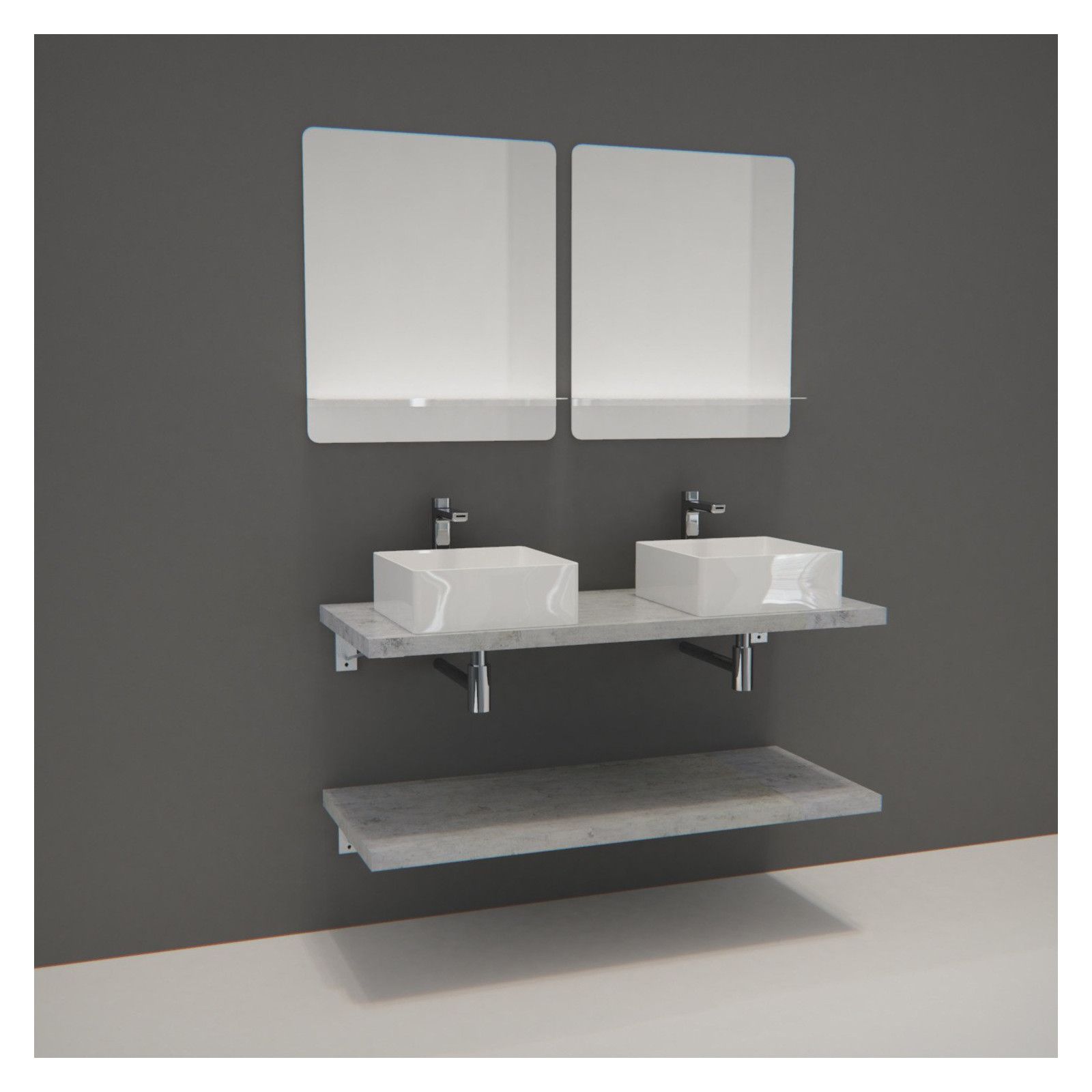 Ensemble de Salle de Bain WILL - Plan suspendu 120 cm + Equerres invisibles + 2 Vasques + 2 Miroirs