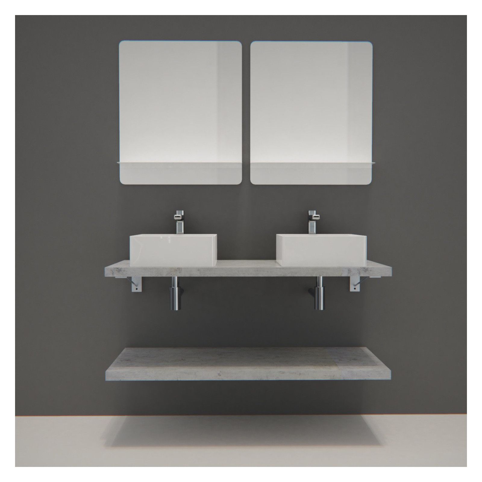Ensemble de Salle de Bain WILL - Plan suspendu 120 cm + Equerres invisibles + 2 Vasques + 2 Miroirs
