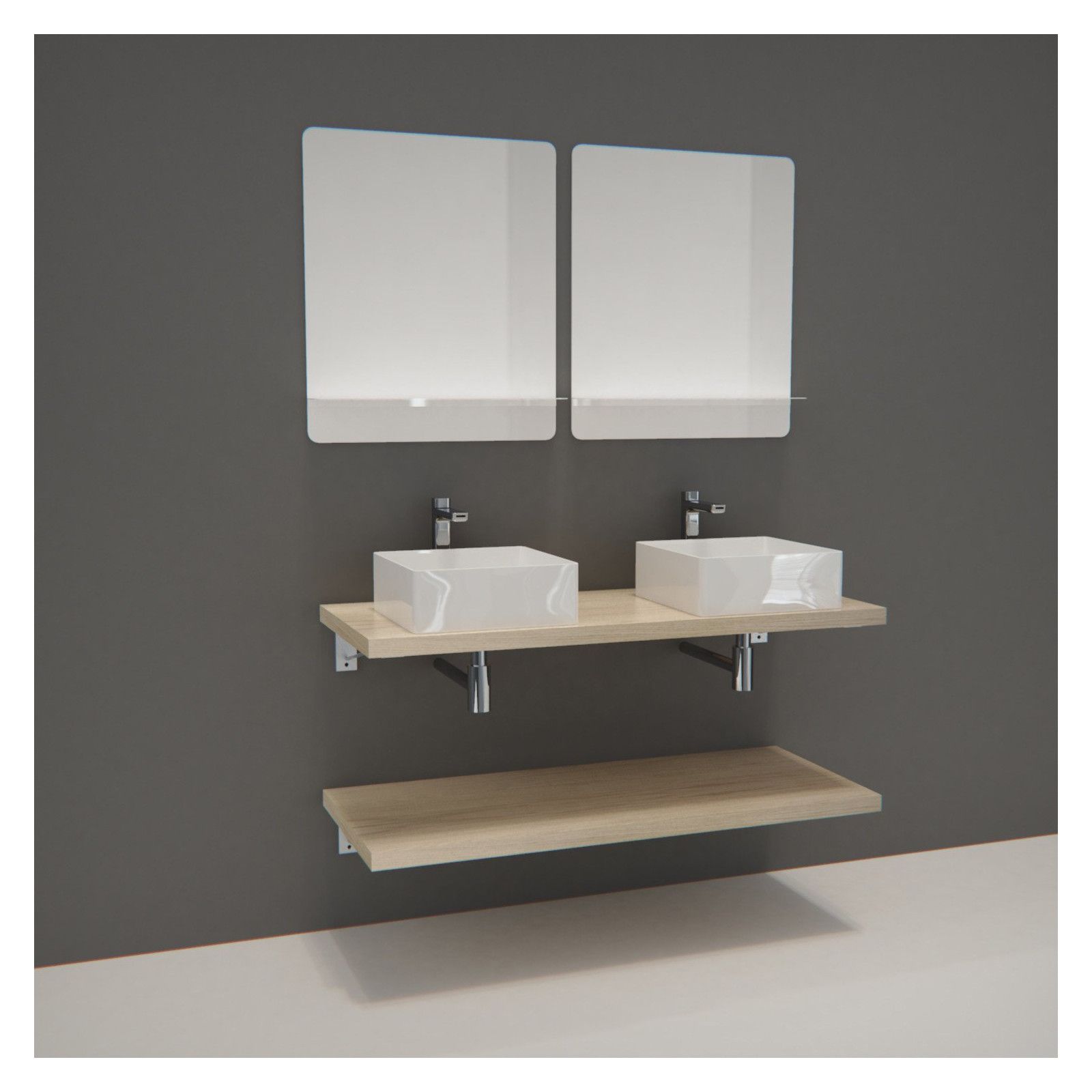 Ensemble de Salle de Bain WILL - Plan suspendu 120 cm + Equerres invisibles + 2 Vasques + 2 Miroirs