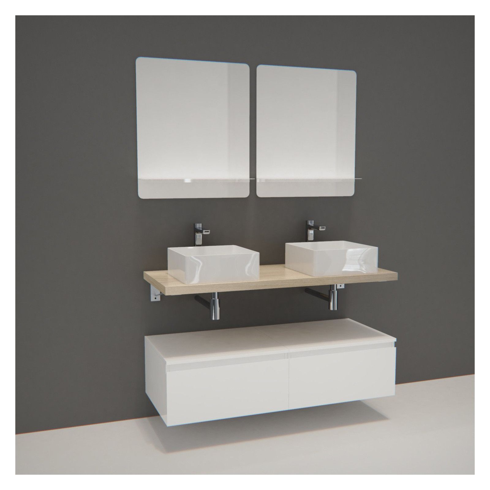 Ensemble de Salle de Bain WILL - Plan suspendu 120 cm + Equerres invisibles + Meubles tiroir + Vasque