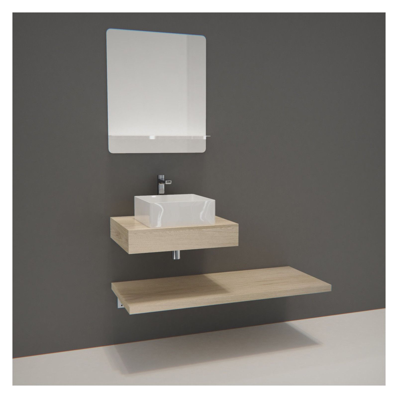 Meuble de Salle de Bain WILL - Plan épais 60 cm + Equerres + Vasque + Miroir