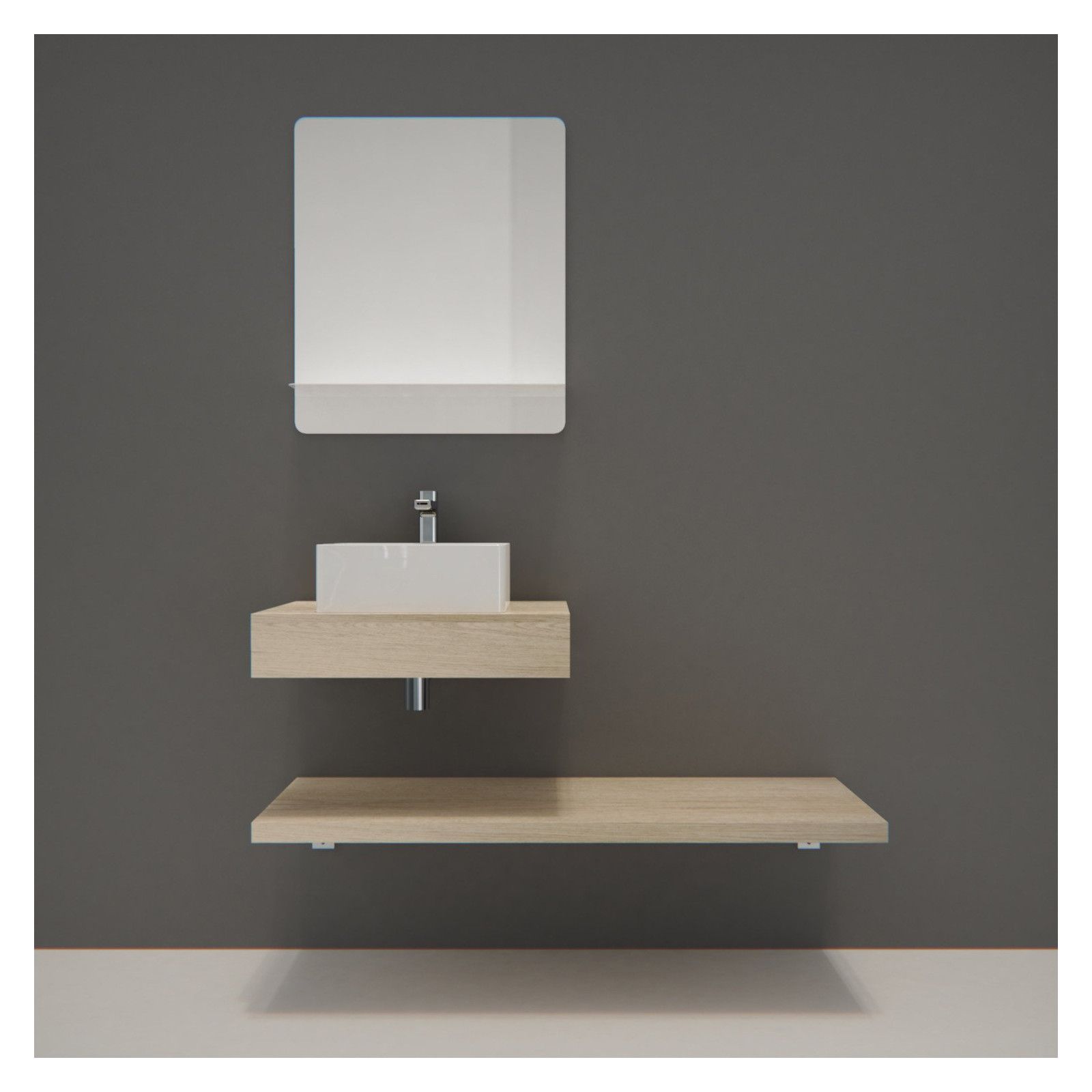 Meuble de Salle de Bain WILL - Plan épais 60 cm + Equerres + Vasque + Miroir