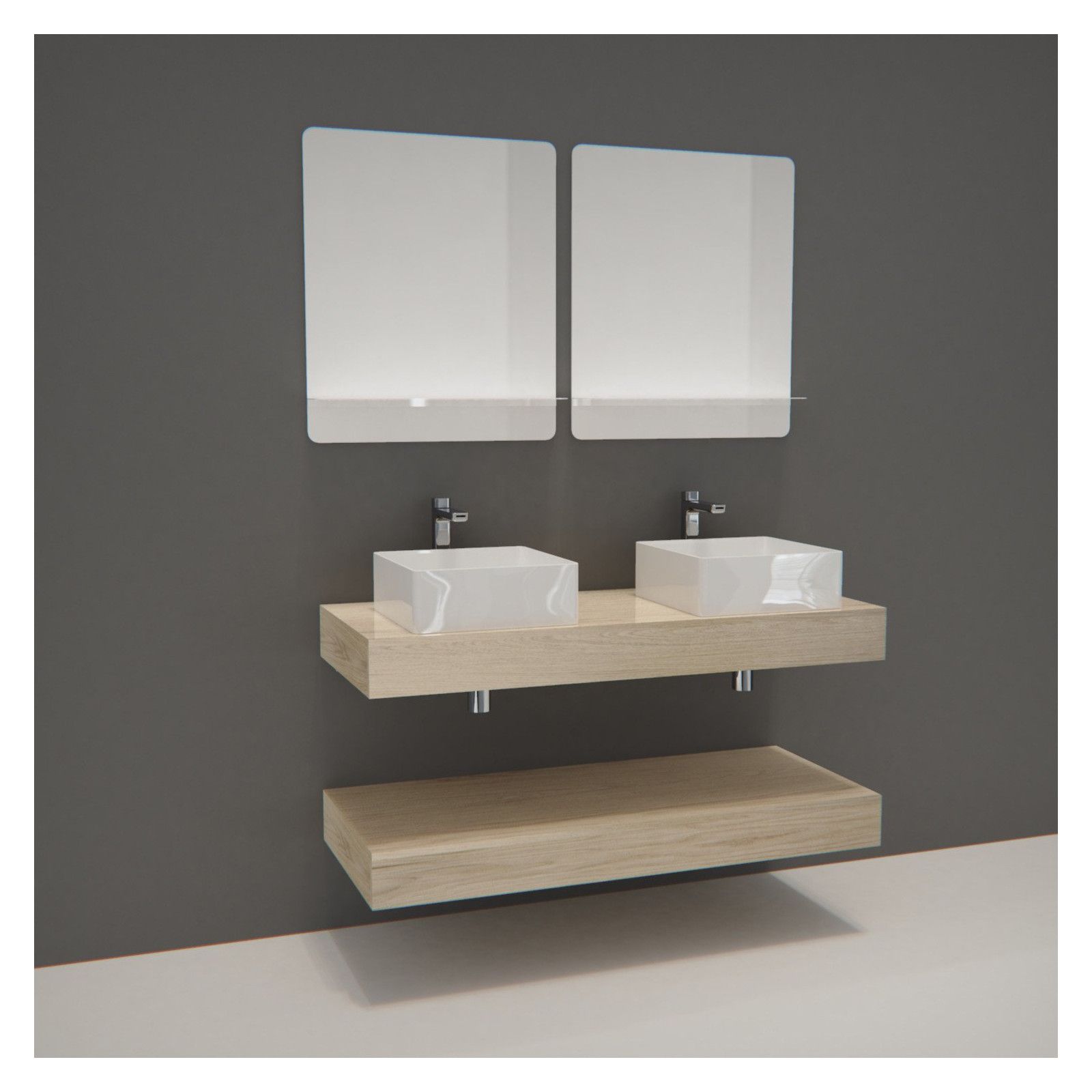 Ensemble de Salle de Bain WILL - Plan épais 120 cm + Equerres invisibles + 2 Vasques + 2 Miroirs