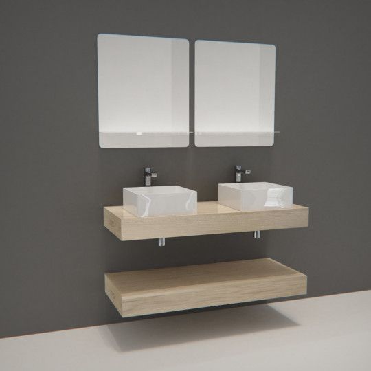 Ensemble de Salle de Bain WILL - Plan épais 120 cm + Equerres invisibles + 2 Vasques + 2 Miroirs
