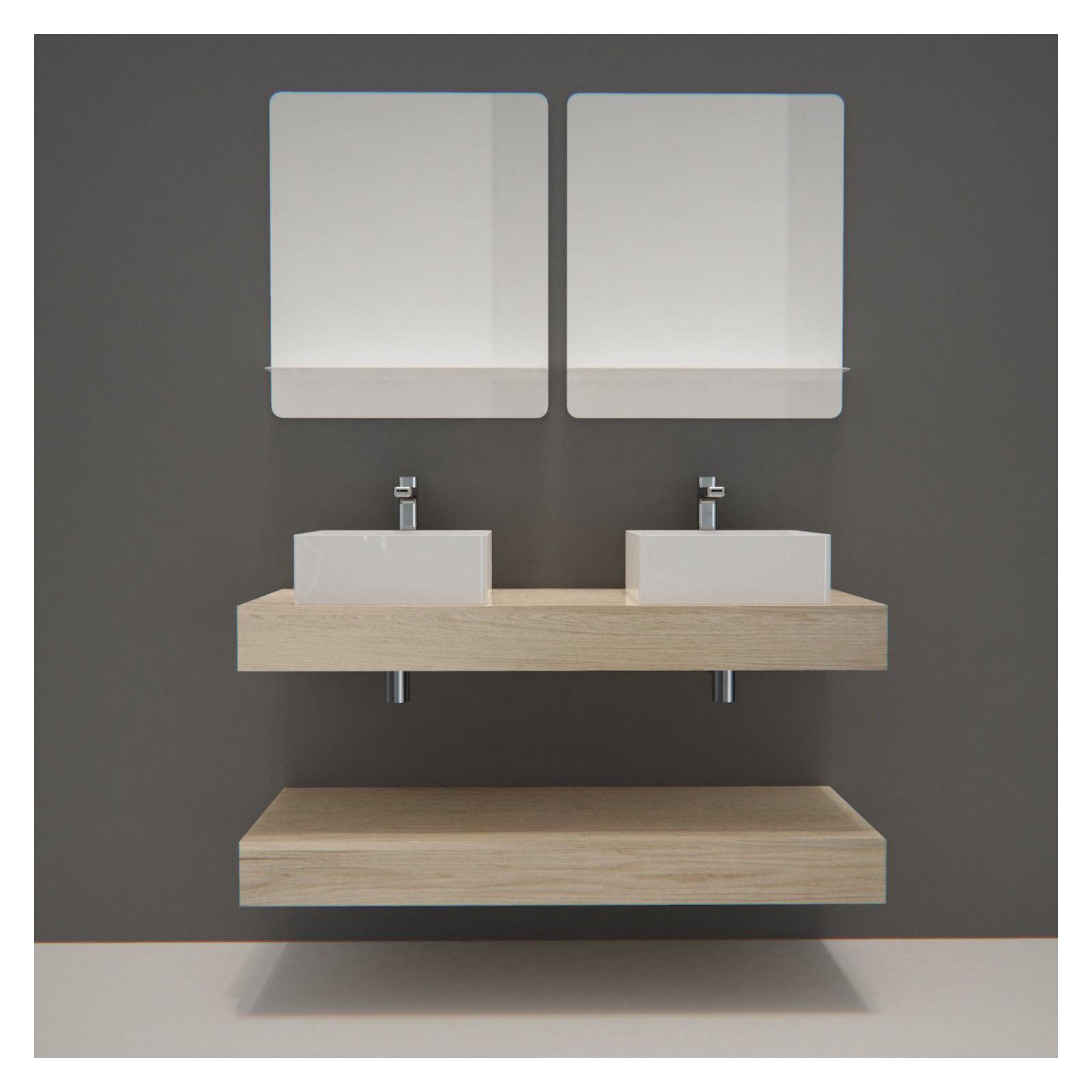 Ensemble de Salle de Bain WILL - Plan épais 120 cm + Equerres invisibles + 2 Vasques + 2 Miroirs