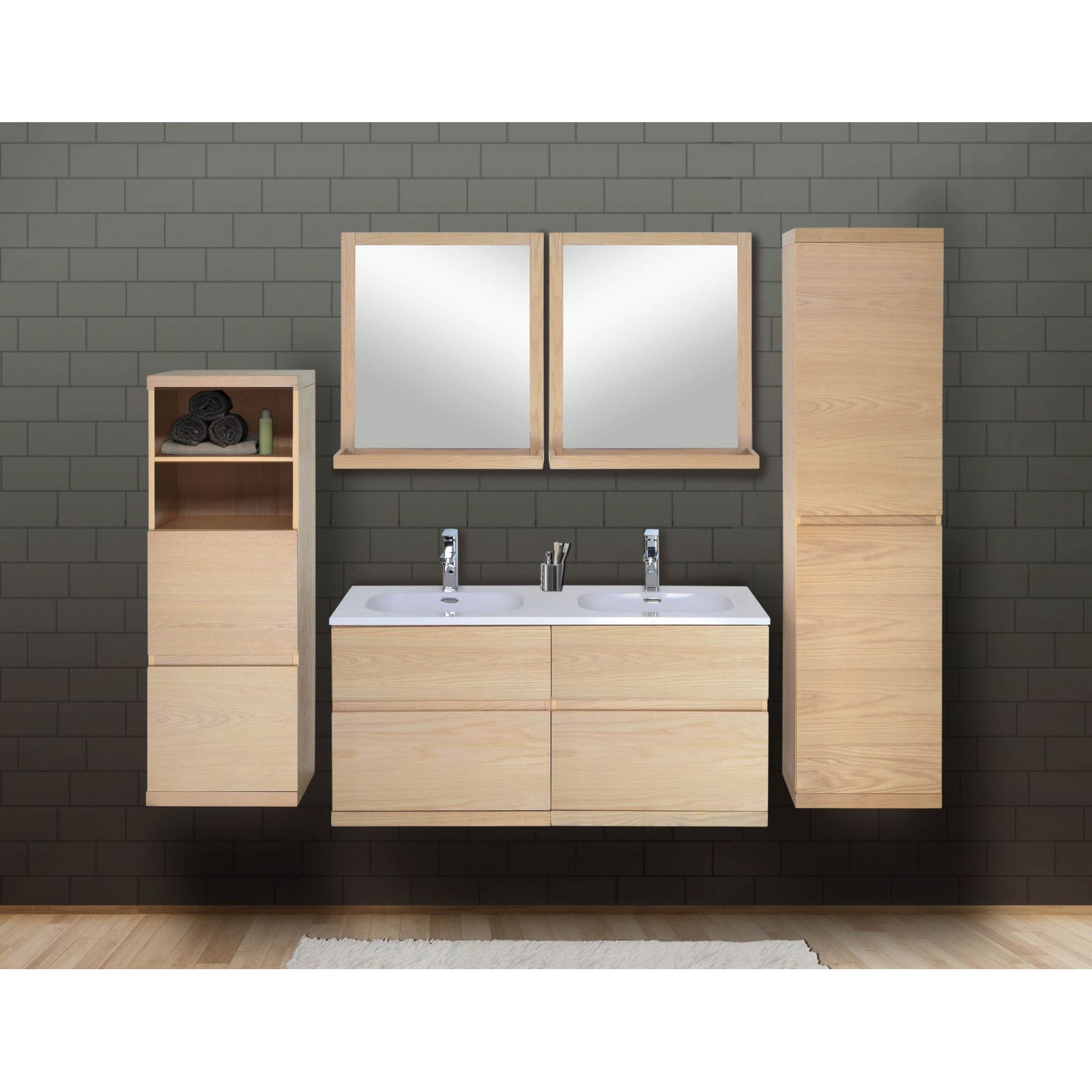 Ensemble salle de bain chêne 120 cm meuble + vasque + 2 miroirs + 2 colonnes ENIO