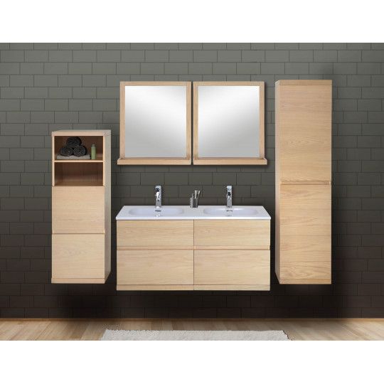 Ensemble salle de bain chêne 120 cm meuble + vasque + 2 miroirs + 2 colonnes ENIO