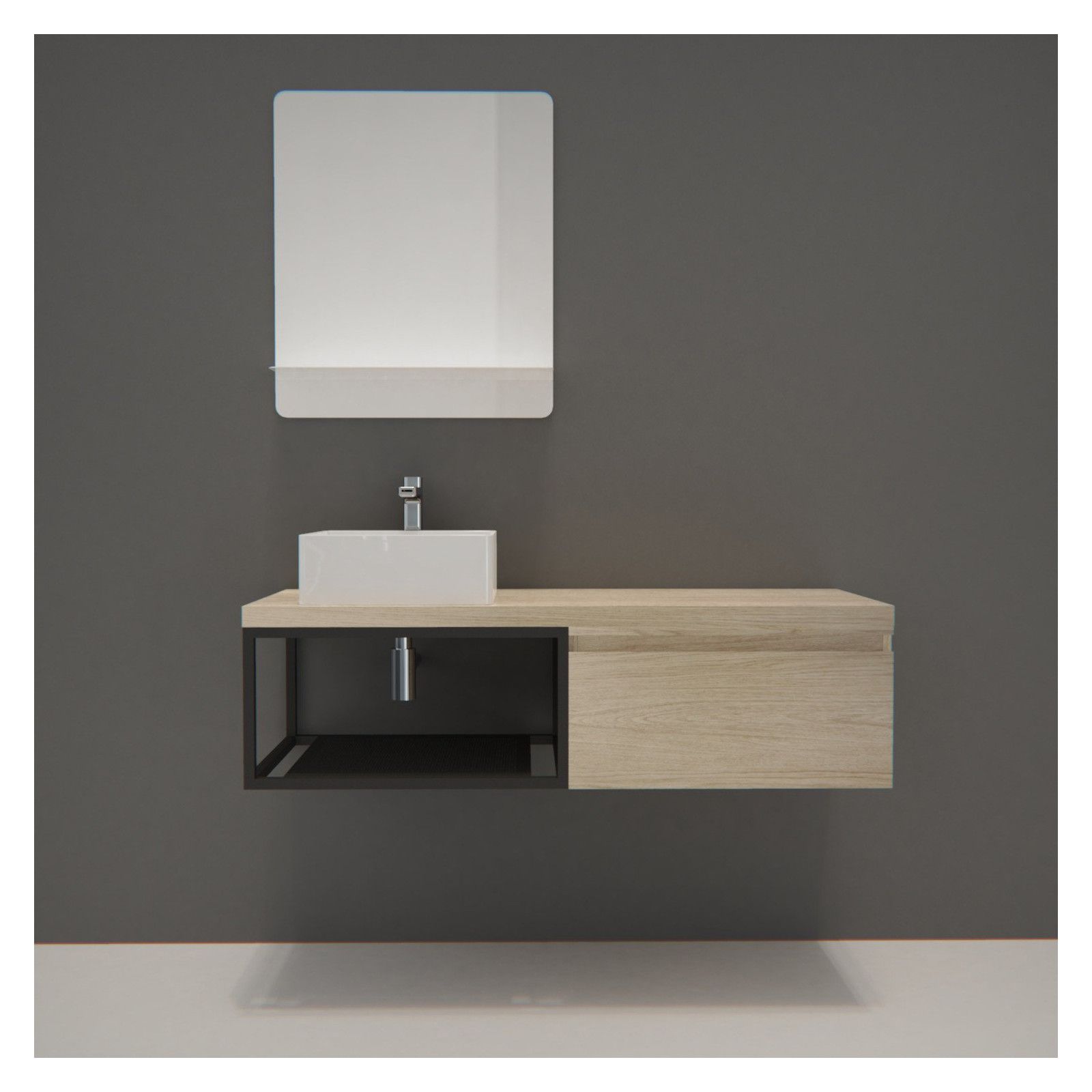 Meuble de Salle de Bain Bois et Métal WILL - Plan de toilette suspendu 120 cm + Vasque + Miroir