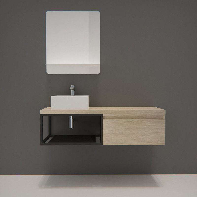 Meuble de Salle de Bain Bois et Métal WILL - Plan de toilette suspendu 120 cm + Vasque + Miroir