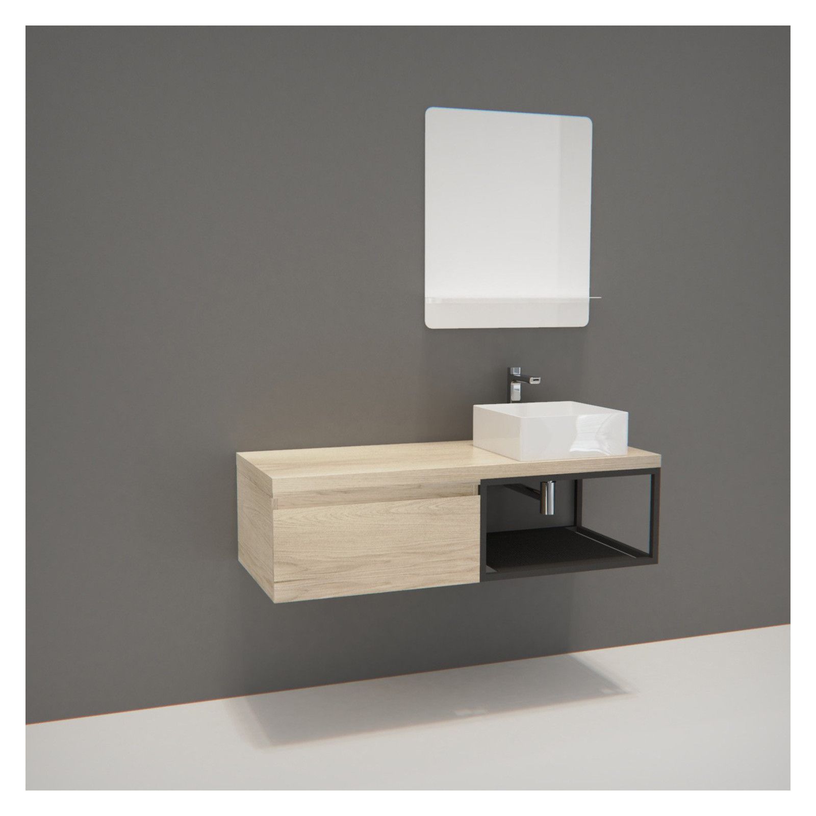 Meuble de Salle de Bain Bois et Métal WILL - Plan de toilette suspendu 120 cm + Vasque + Miroir
