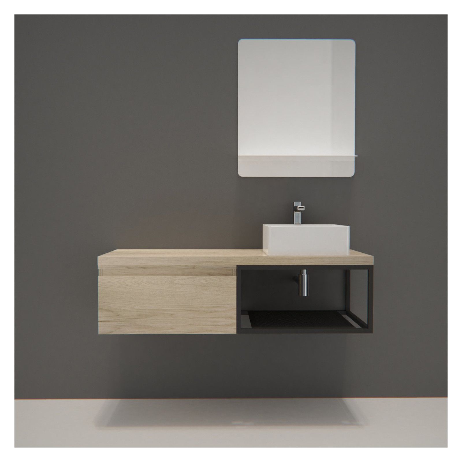 Meuble de Salle de Bain Bois et Métal WILL - Plan de toilette suspendu 120 cm + Vasque + Miroir