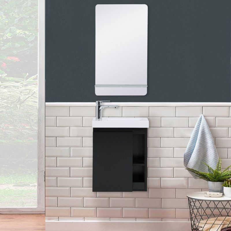 Lave-mains Noir Carbone HAMPTON + Vasque Blanche + Miroir L40 cm avec tablette Blanche