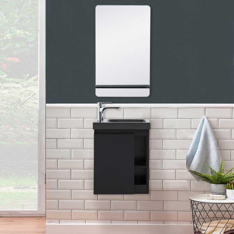 Lave-mains Noir Carbone HAMPTON + Vasque Noire + Miroir L40 cm avec tablette Noire