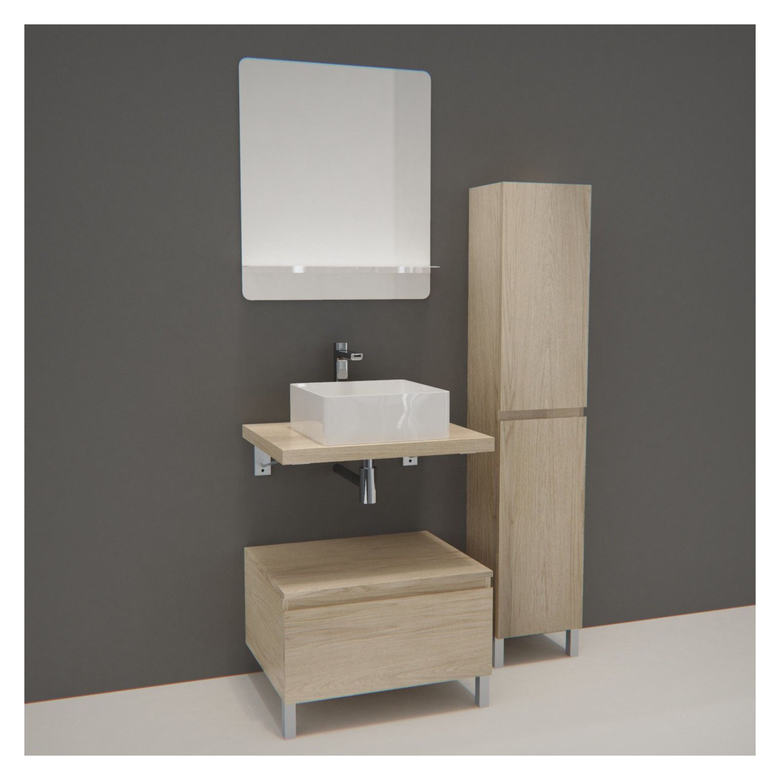 Meuble de Salle de Bain WILL - Plan suspendu 60 cm + Vasque + Miroir + Colonne + Equerres + Pieds