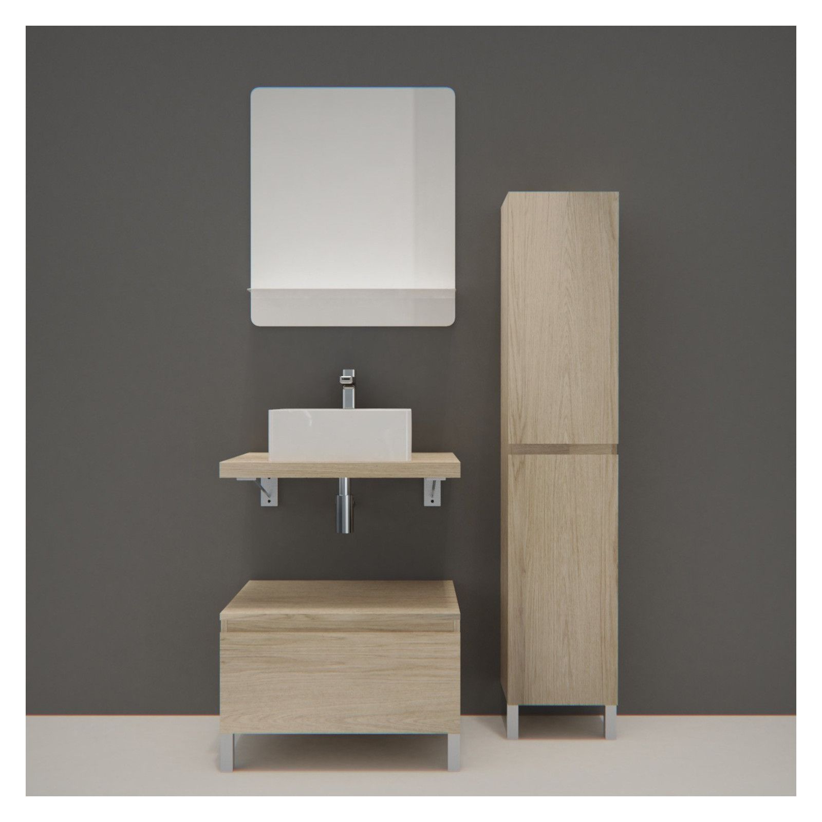 Ensemble De Salle De Bain Will Plan Suspendu 60 Cm Equerres Meuble Tiroir Vasque Miroir Pieds Reglables Mobin