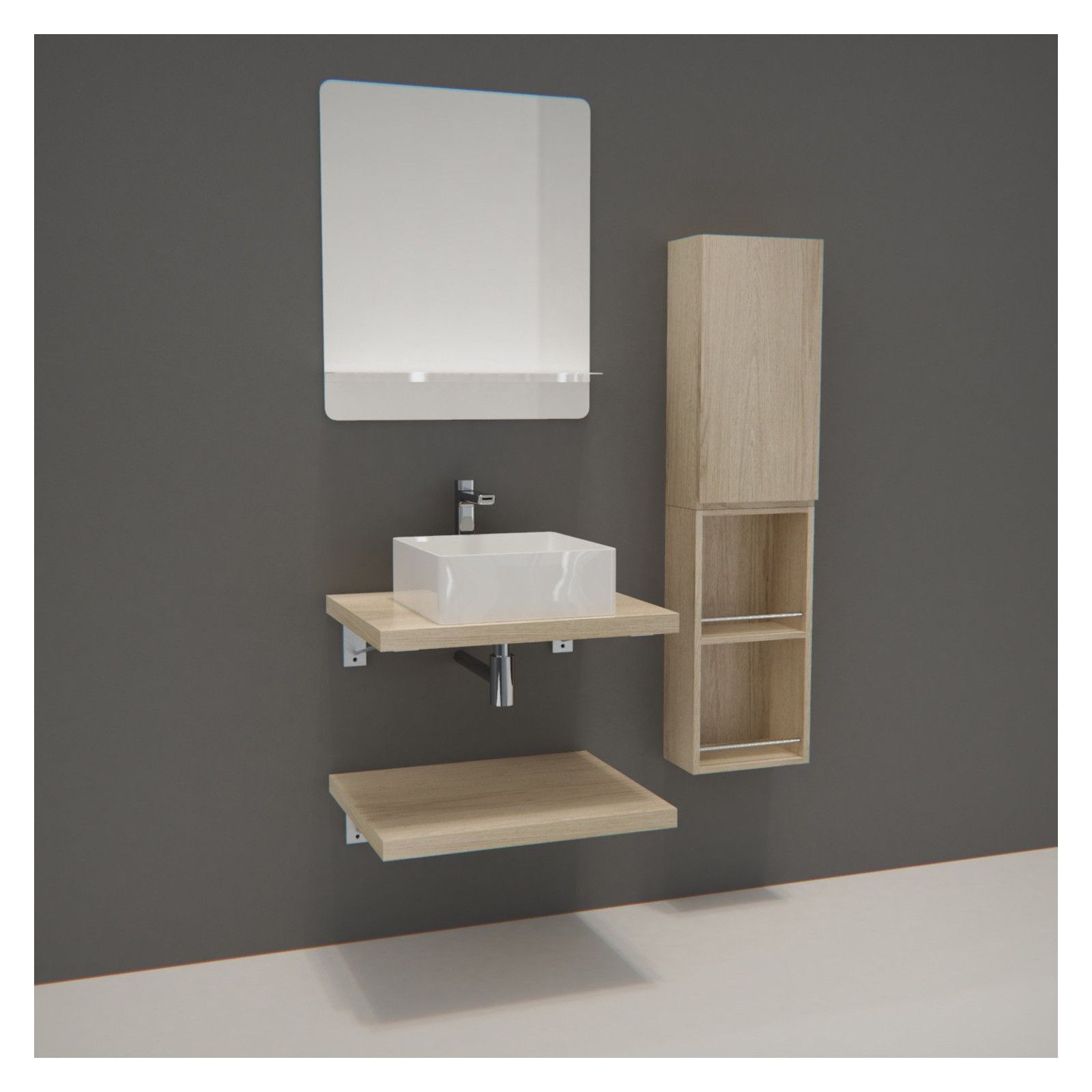 Ensemble de Salle de Bain WILL - Plan suspendu 60 cm x 2 + Equerres invisibles + Vasque + Miroir
