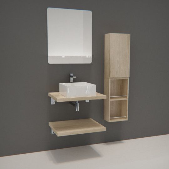 Ensemble de Salle de Bain WILL - Plan suspendu 60 cm x 2 + Equerres invisibles + Vasque + Miroir