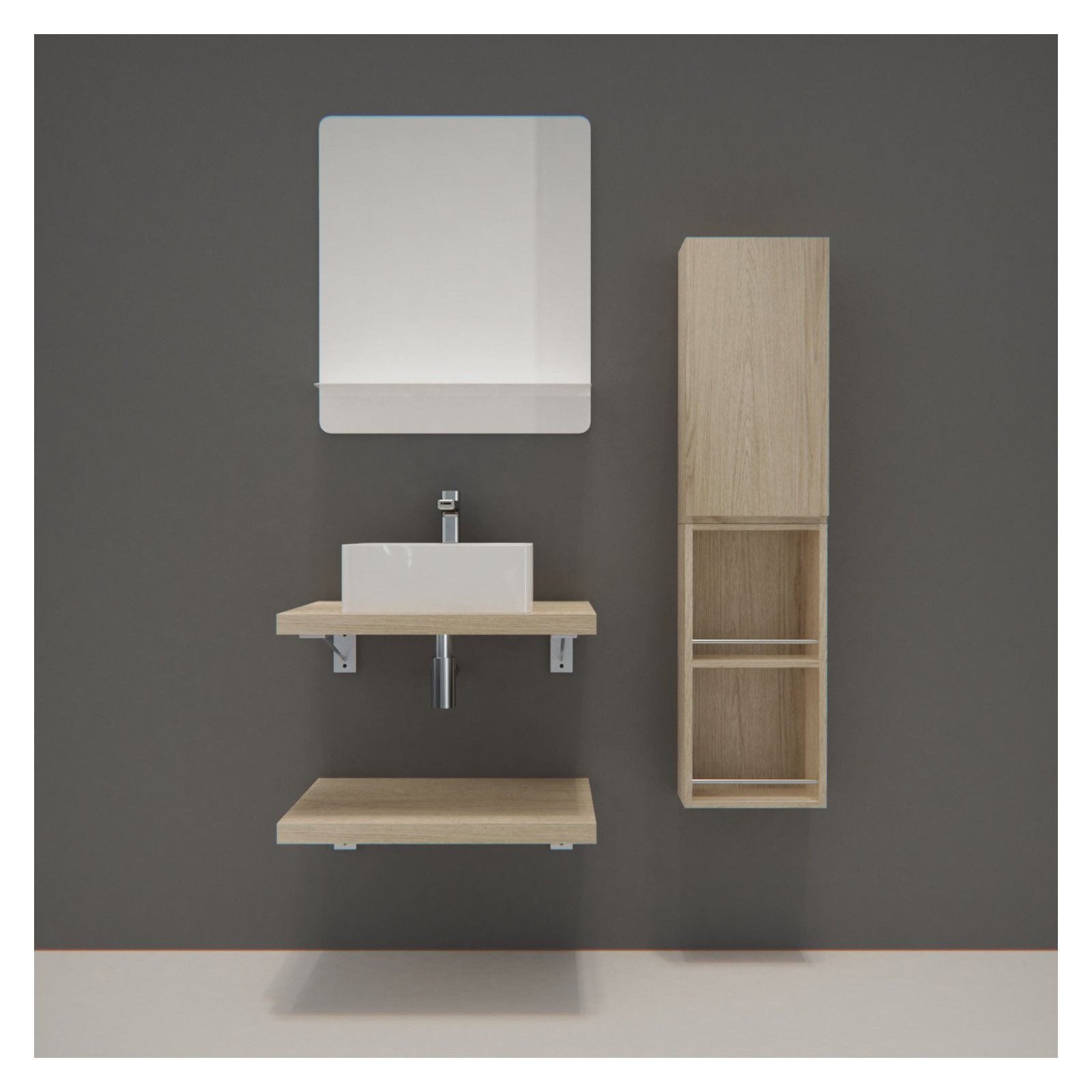 Ensemble de Salle de Bain WILL - Plan suspendu 60 cm x 2 + Equerres invisibles + Vasque + Miroir Ensemble de Salle de Bain WILL - Plan suspendu 60 cm x 2 + Equerres invisibles + Vasque + Miroir