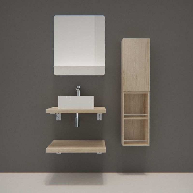 Ensemble de Salle de Bain WILL - Plan suspendu 60 cm x 2 + Equerres invisibles + Vasque + Miroir