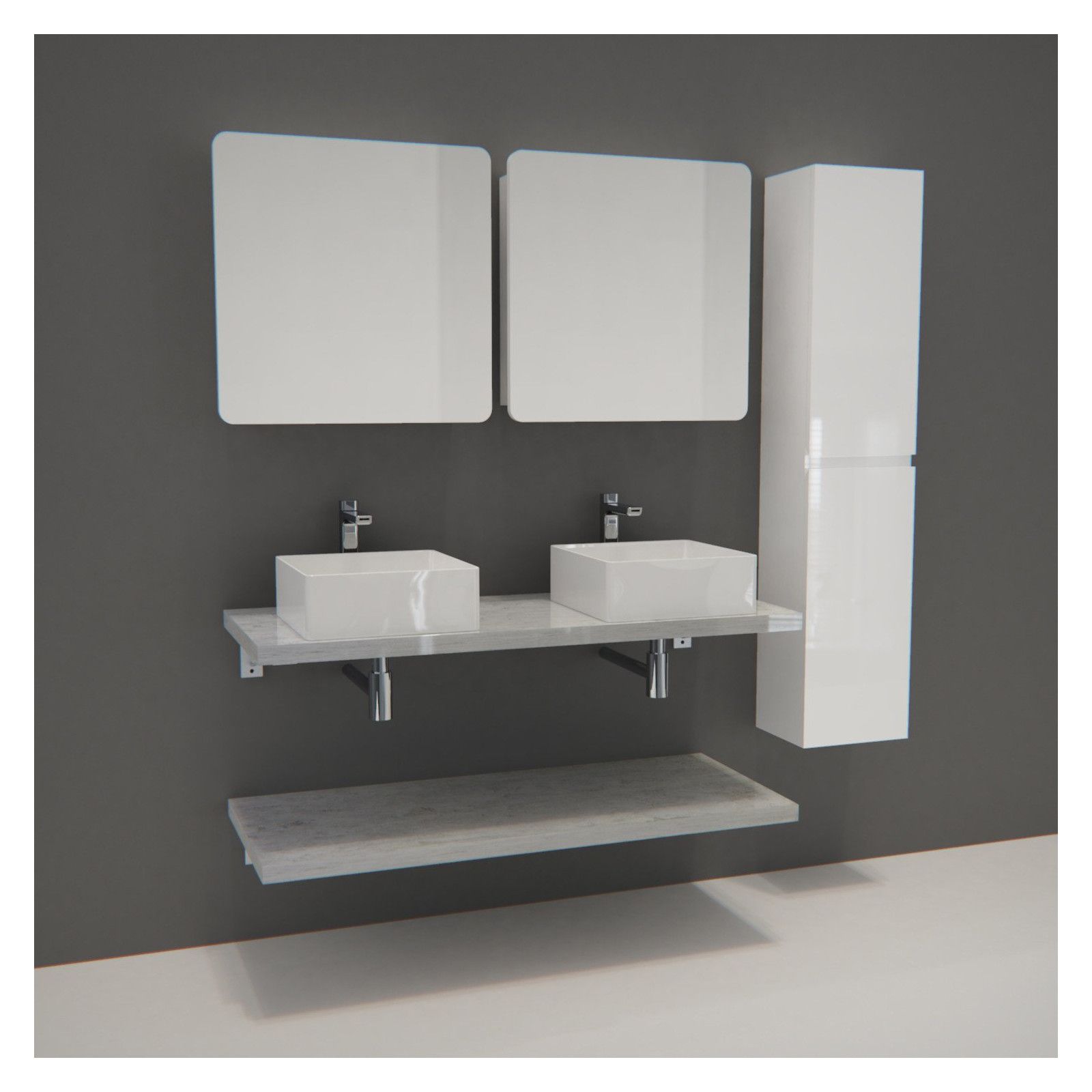 Ensemble de Salle de Bain WILL - Plan suspendu 120 cm + Equerres invisibles + 2 Vasques + 2 Miroirs