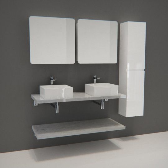 Ensemble de Salle de Bain WILL - Plan suspendu 120 cm + Equerres invisibles + 2 Vasques + 2 Miroirs