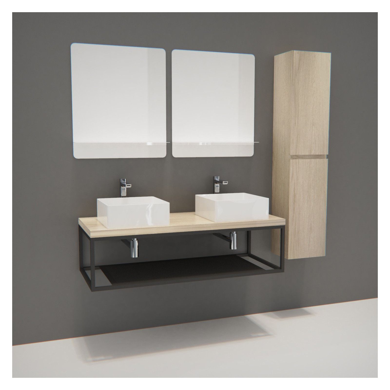Ensemble de Salle de Bain WILL - Plan suspendu 120 cm + Structure métal + 2 Vasques + 2 Miroirs