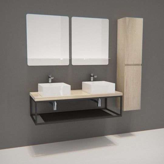 Ensemble de Salle de Bain WILL - Plan suspendu 120 cm + Structure métal + 2 Vasques + 2 Miroirs