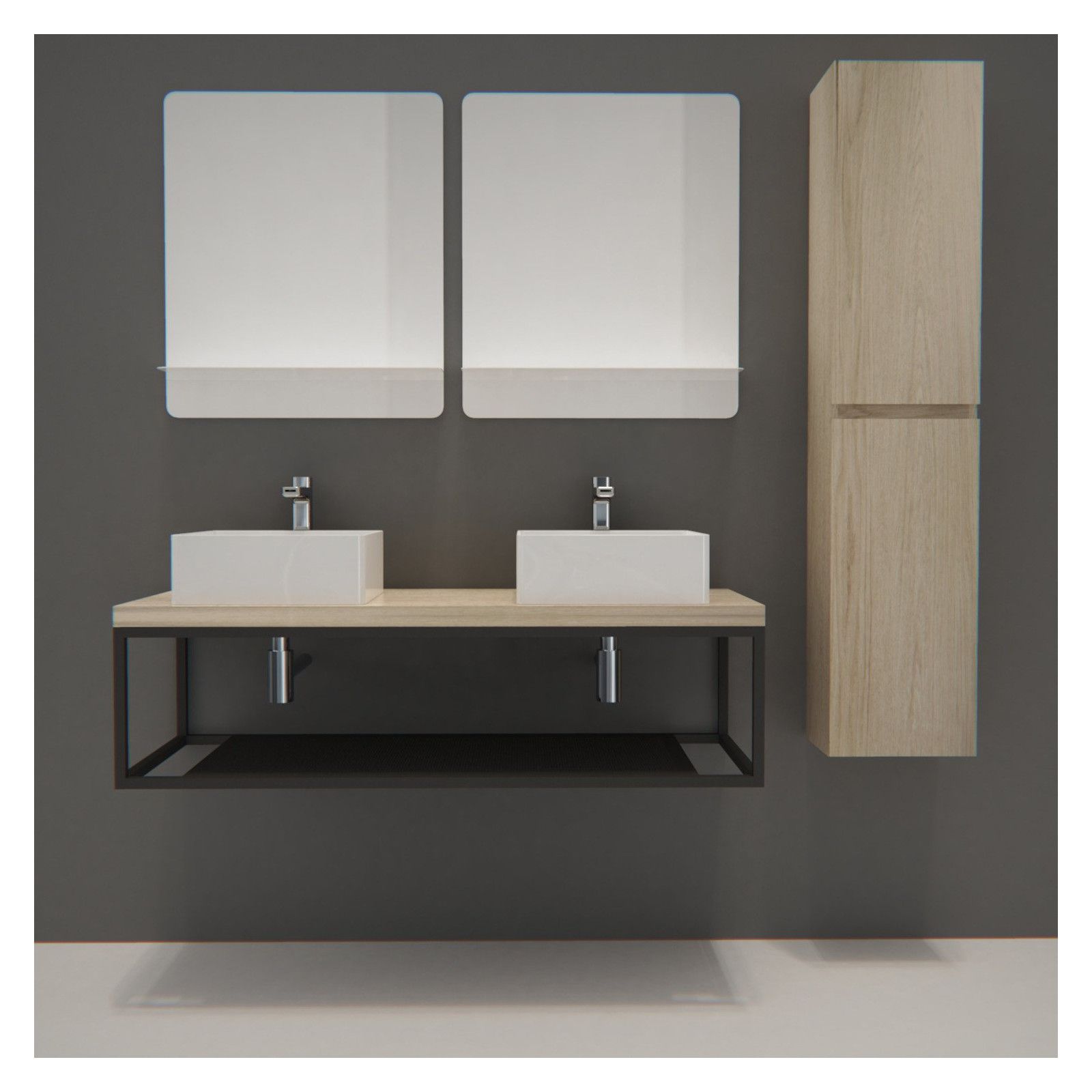 Ensemble de Salle de Bain WILL - Plan suspendu 120 cm + Structure métal + 2 Vasques + 2 Miroirs Ensemble de Salle de Bain WILL - Plan suspendu 120 cm + Structure métal + 2 Vasques + 2 Miroirs