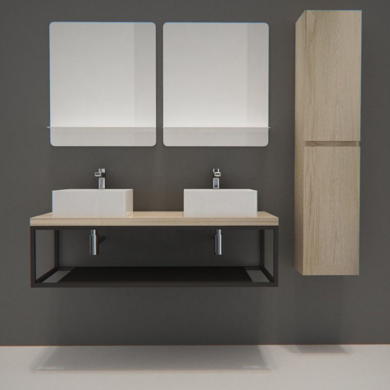 Ensemble de Salle de Bain WILL - Plan suspendu 120 cm + Structure métal + 2 Vasques + 2 Miroirs