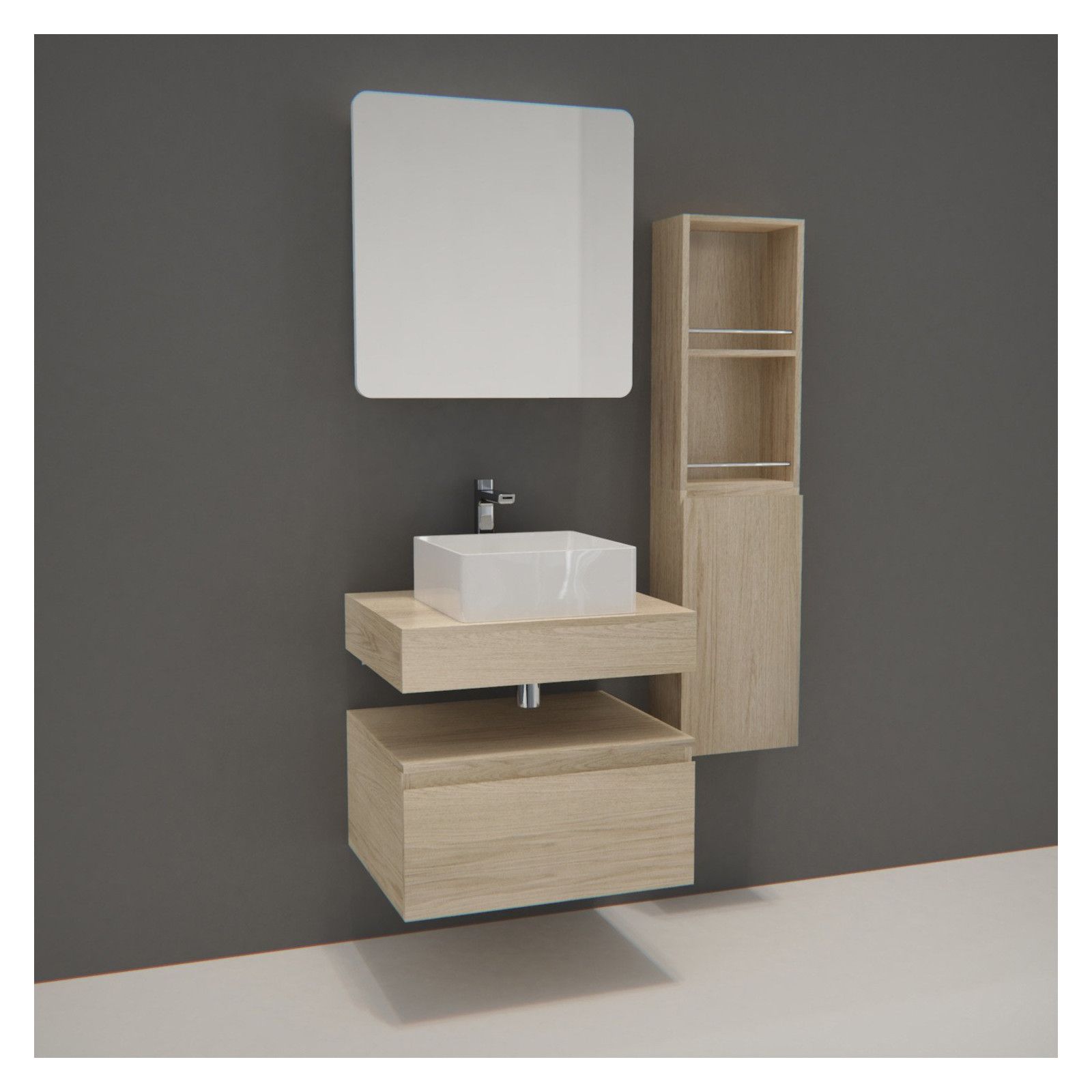 Ensemble de Salle de Bain WILL - Plan suspendu + Equerres + Meubles de rangement + Vasque + Armoire 