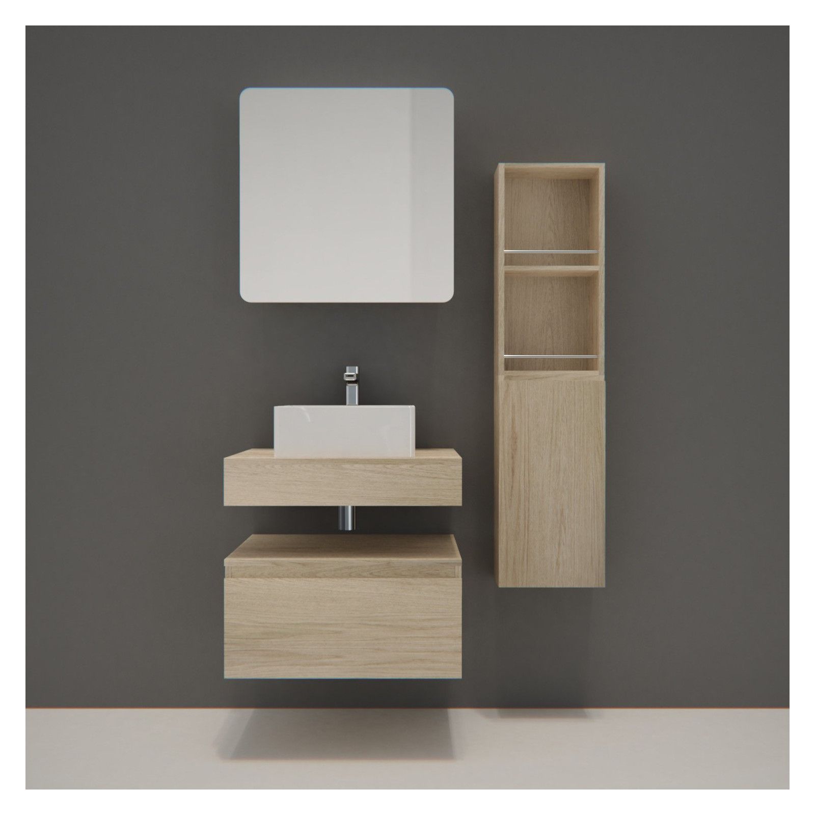 Ensemble de Salle de Bain WILL - Plan suspendu + Equerres + Meubles de rangement + Vasque + Armoire