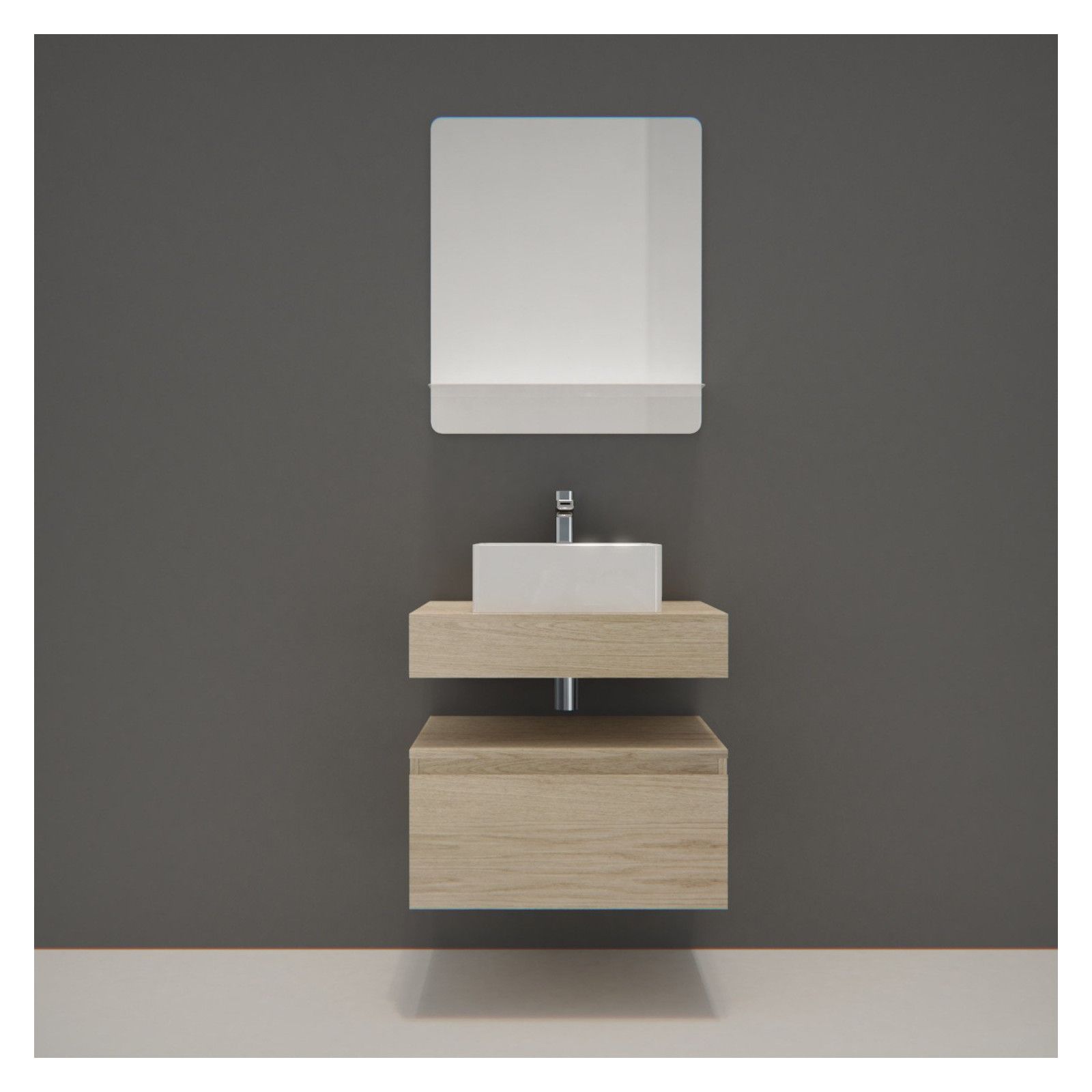 Meuble de Salle de Bain WILL - Plan suspendu 60 cm + Vasque + Miroir + Meuble tiroir + Equerres