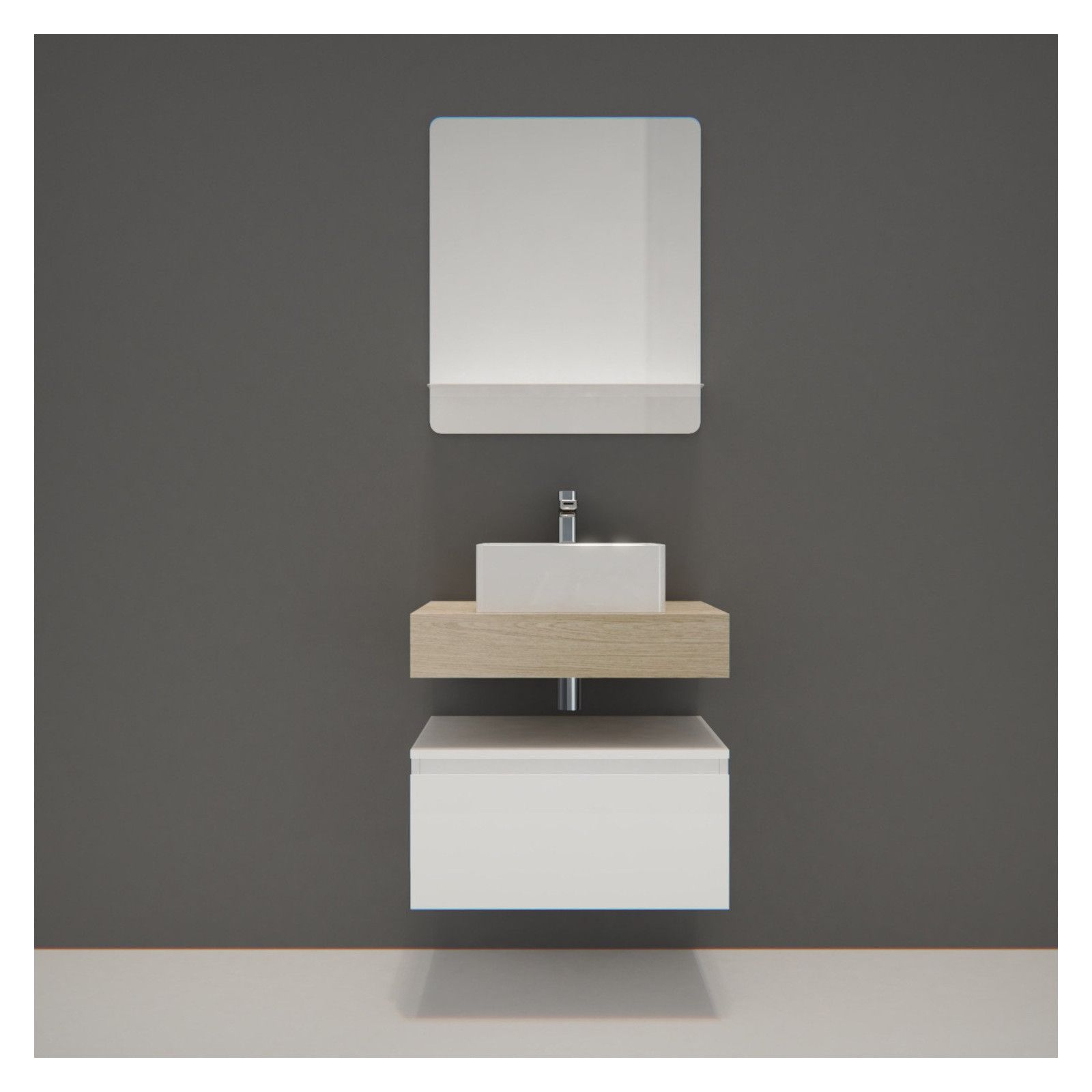 Meuble de Salle de Bain WILL - Plan suspendu 60 cm + Vasque + Miroir + Meuble tiroir + Equerres Meuble de Salle de Bain WILL - Plan suspendu 60 cm + Vasque + Miroir + Meuble tiroir + Equerres