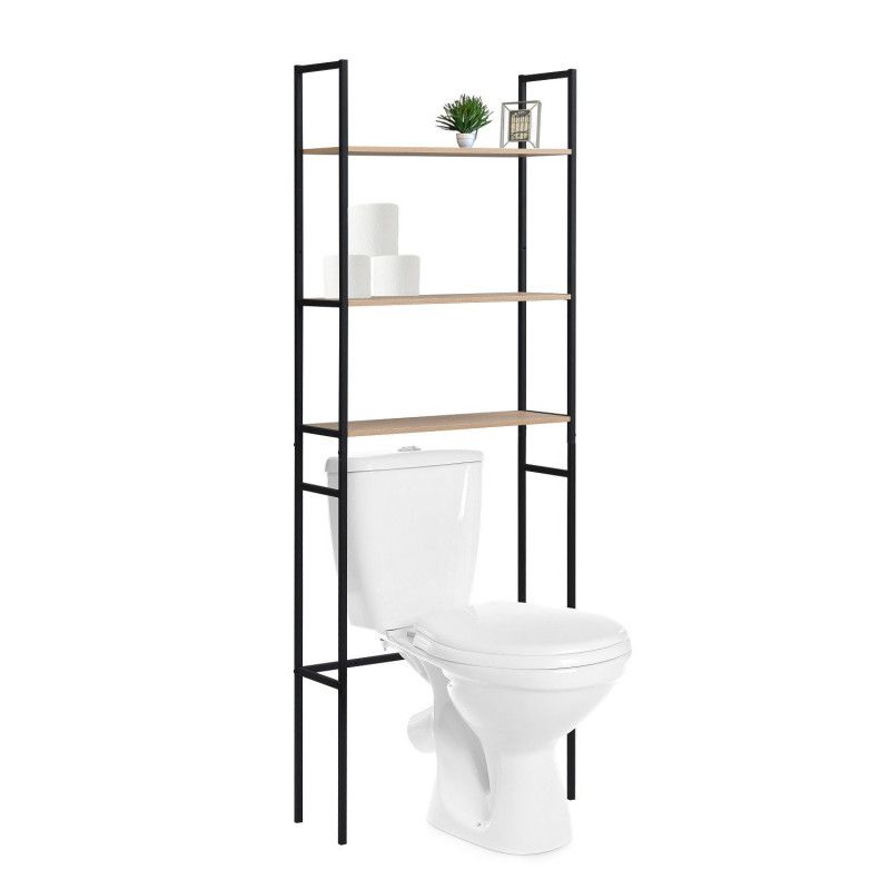 KLEANKIN Meuble WC meuble dessus toilettes style cosy dim. 60L x 23l x 173H  cm portes à lattes étagère bambou MDF aspect bois clair pas cher 