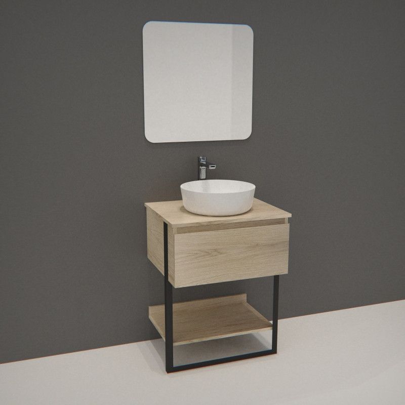 Meuble de Salle de bain 60cm Bois et Métal + Vasque Blanche UMA + Miroir - NINA