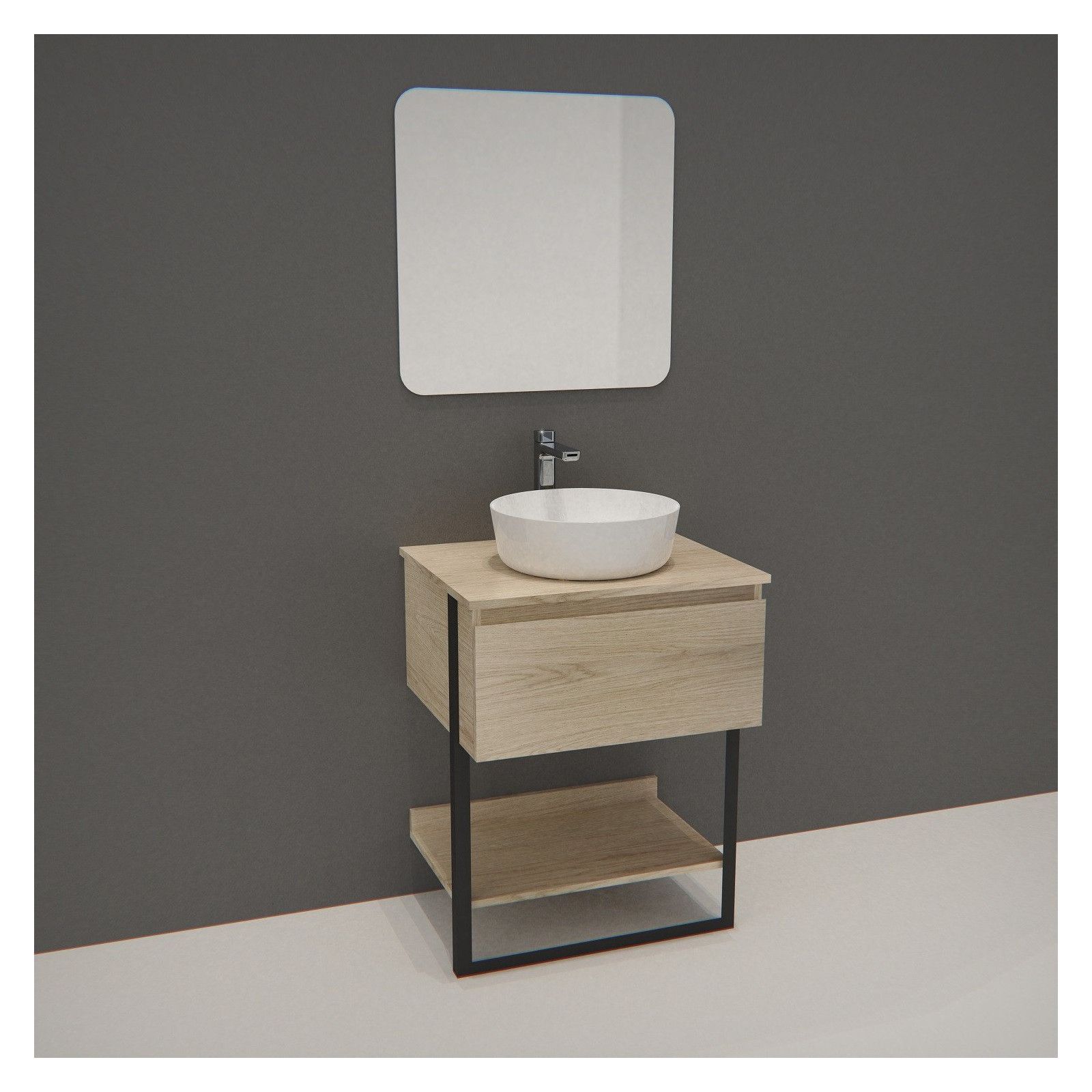 Meuble de Salle de bain 60cm Bois et Métal + Vasque Blanche UMA + Miroir - NINA
