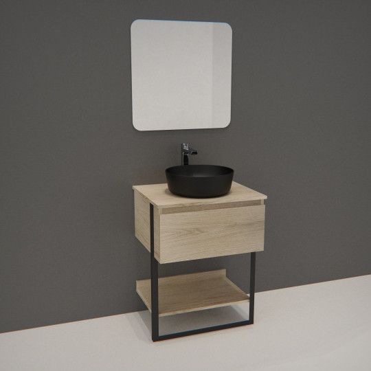 Meuble de Salle de bain 60 cm Bois et Métal + Vasque Noire UMA + Miroir - NINA