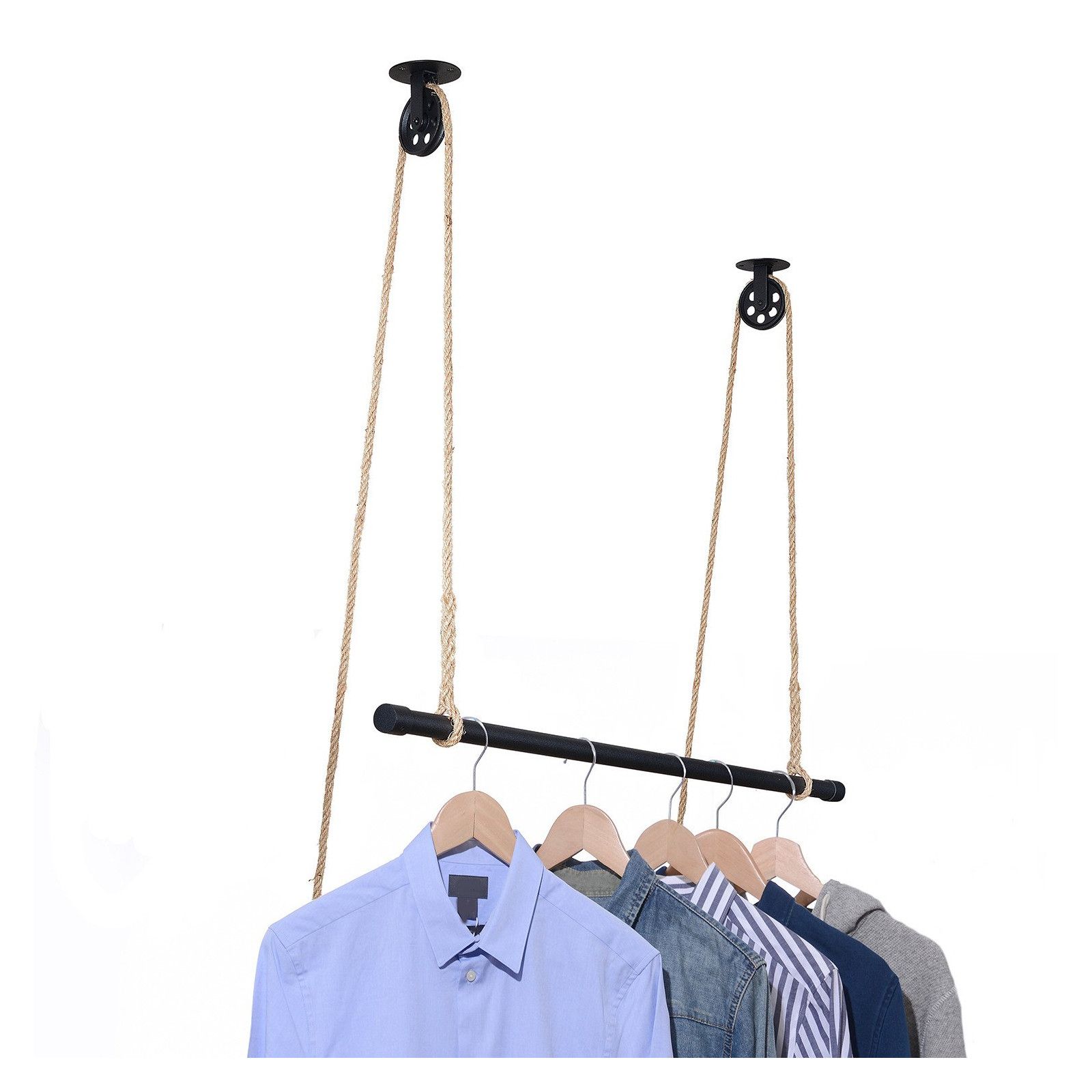 Kit penderie suspendue Industriel - Barre portant dressing sous plafond avec corde et poulie 1 m - L Kit penderie suspendue Industriel - Barre portant dressing sous plafond avec corde et poulie 1 m - L