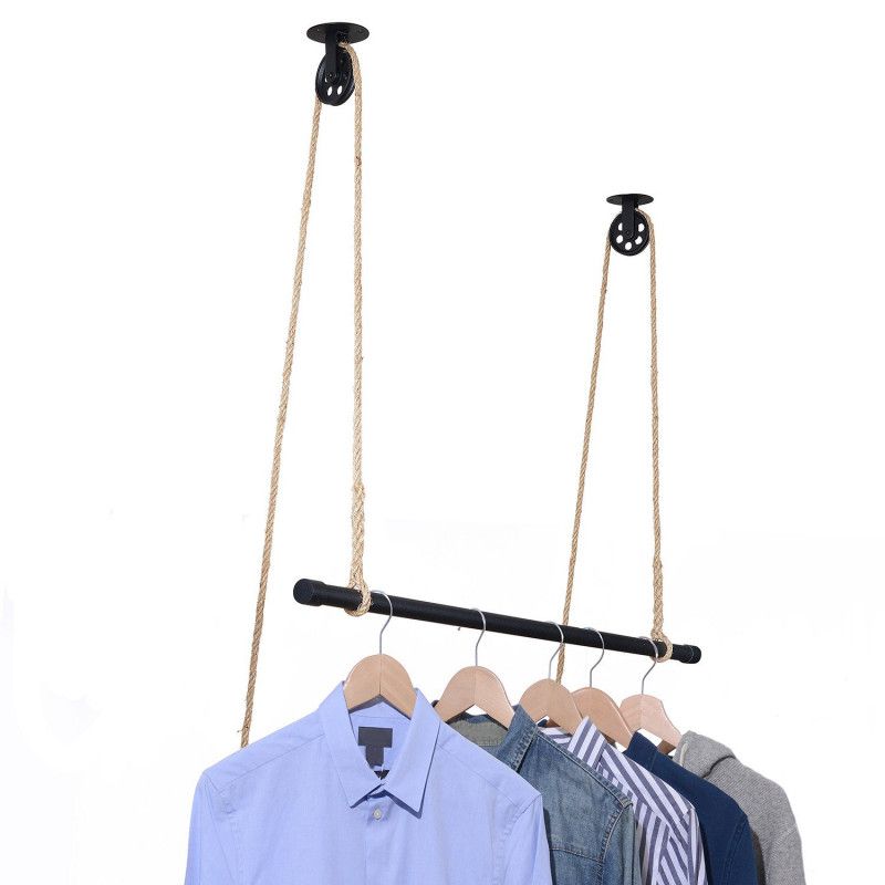 Kit penderie suspendue Industriel - Barre portant dressing sous plafond avec corde et poulie 1 m - L