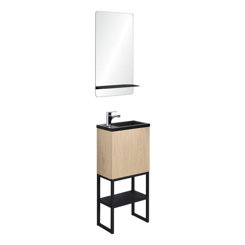 Meuble lave-mains Bois et Métal + Robinet Chromé + Miroir - NOVA