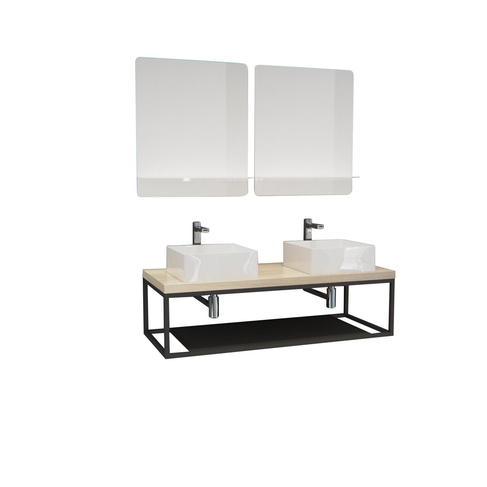 Ensemble de Salle de Bain WILL - Plan suspendu 120 cm + Structure métal + 2 Vasques + 2 Miroirs Ensemble de Salle de Bain WILL - Plan suspendu 120 cm + Structure métal + 2 Vasques + 2 Miroirs