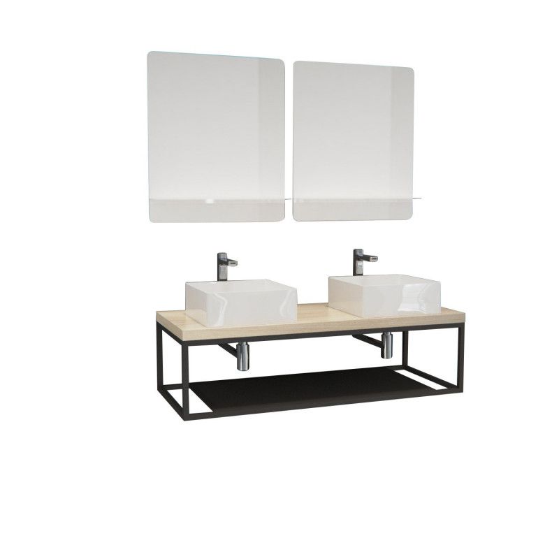 Ensemble de Salle de Bain WILL - Plan suspendu 120 cm + Structure métal + 2 Vasques + 2 Miroirs