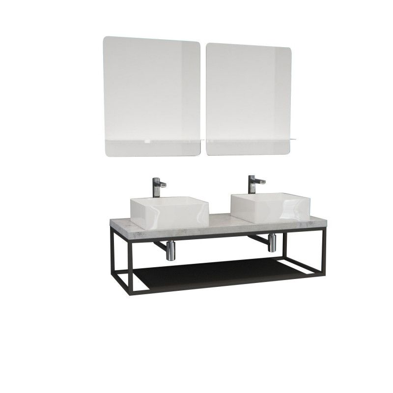 Ensemble de Salle de Bain WILL - Plan suspendu 120 cm + Structure métal + 2 Vasques + 2 Miroirs