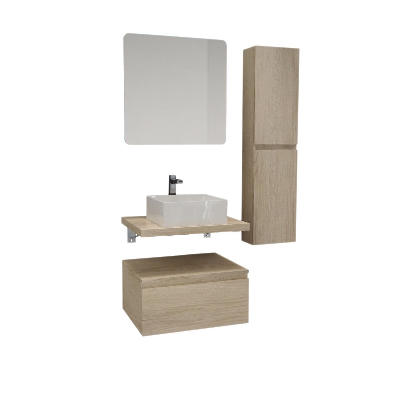 Ensemble de Salle de Bain WILL - Plan suspendu + Equerres + 3 Meubles de rangement + Vasque + Armoir