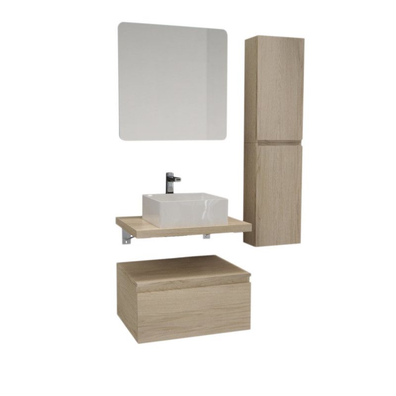 Ensemble de Salle de Bain WILL - Plan suspendu + Equerres + 3 Meubles de rangement + Vasque + Armoir