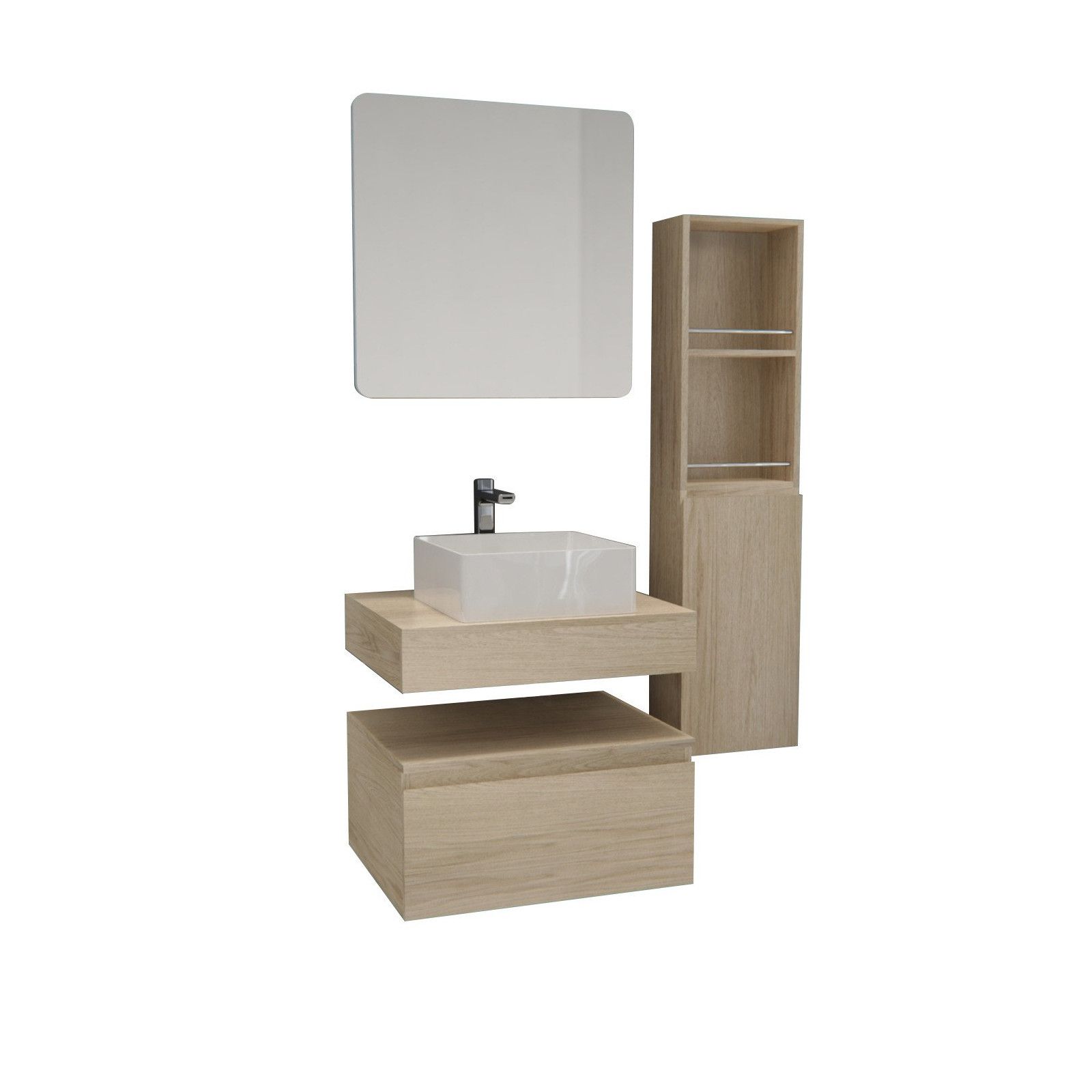 Ensemble de Salle de Bain WILL - Plan suspendu + Equerres + Meubles de rangement + Vasque + Armoire
