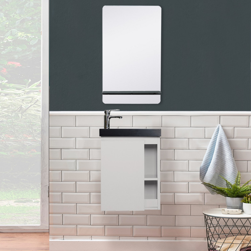 Meuble Lave-mains Blanc avec vasque Noire HAMPTON + Miroir