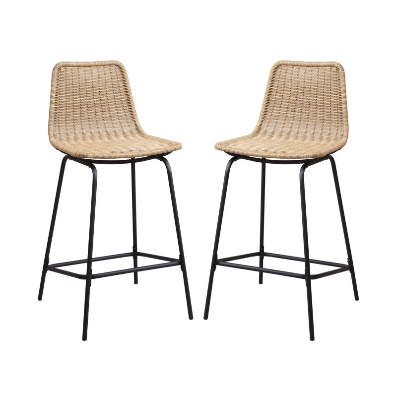 Tabourets de Bar Îlot Central Rotin et Métal - Coloris Naturel BALI | Lot de 2